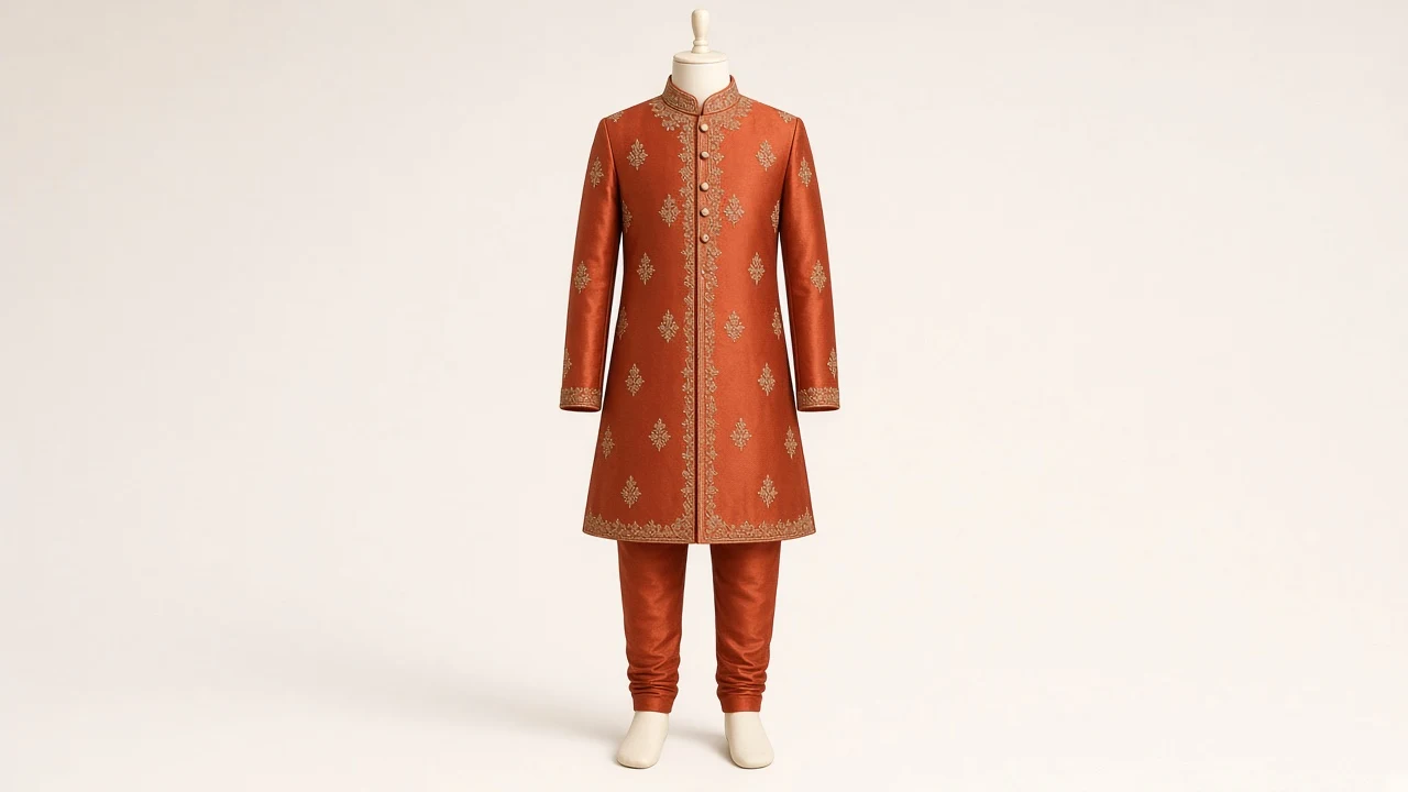 Rust Silk Celebration Sherwani – Boys' Rust Silk Festive Sherwani + Churidar | Custom Tailored Kids