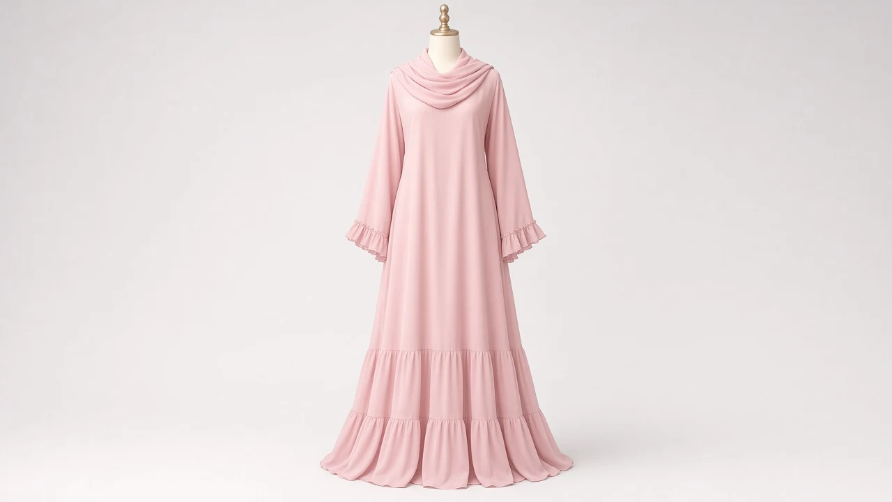 Baby Pink Frill Abaya – Soft Baby Pink Abaya with Tiered Frill Hem | Custom Tailored