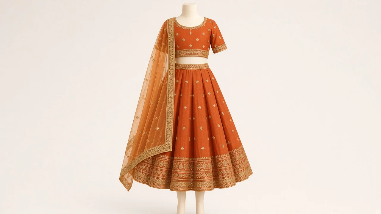 Orange Gota Wedding Guest Lehenga – Girls Burnt Orange Lehenga with Gold Gota | Custom Tailored