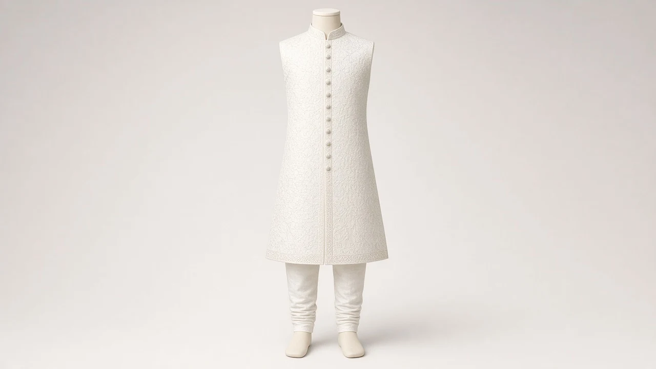 White Brocade Wedding Guest Sherwani – Boys' White Brocade Festive Sherwani + Churidar | Custom Tailored Kids