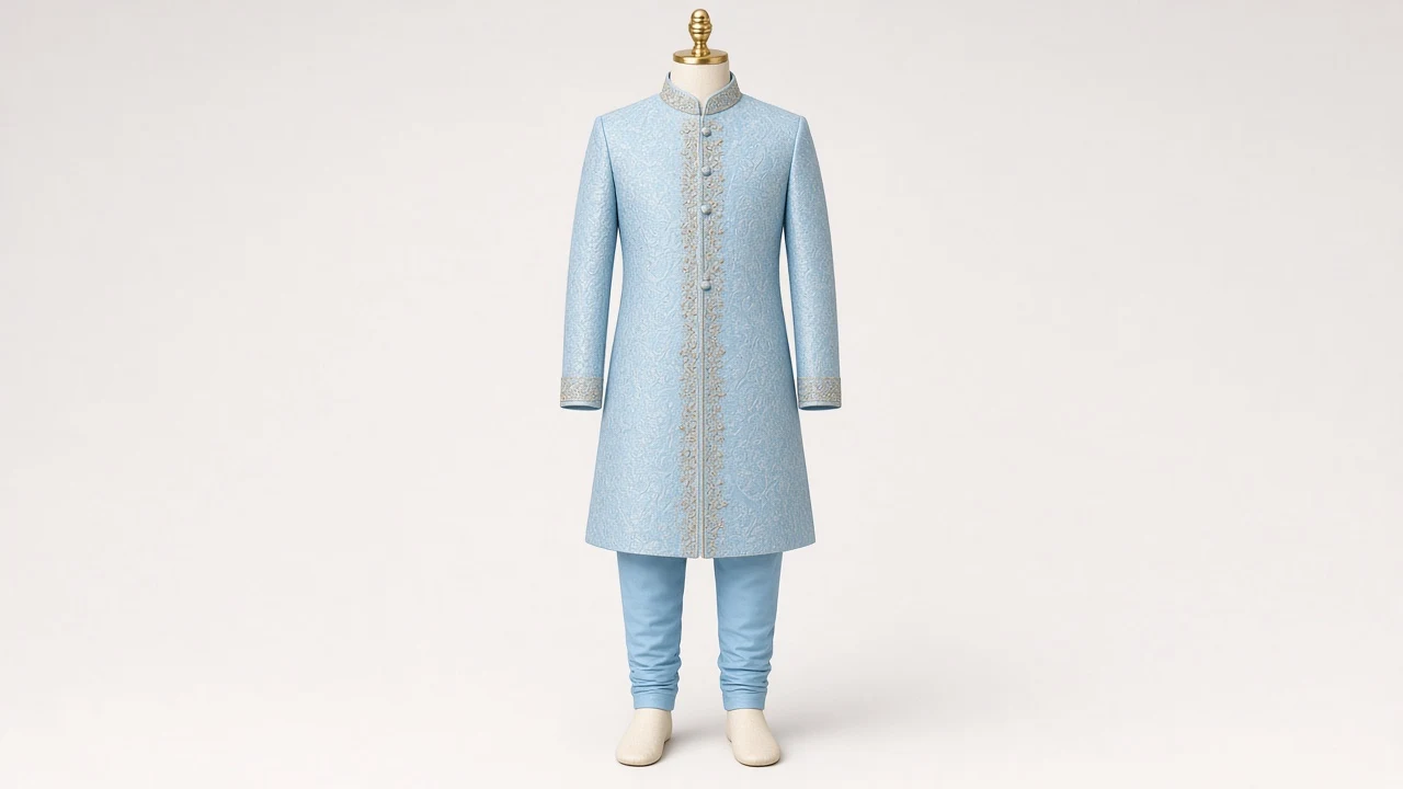 Sky Blue Brocade Festive Sherwani – Boys' Sky Blue Brocade Festive Sherwani + Churidar | Custom Tailored Kids