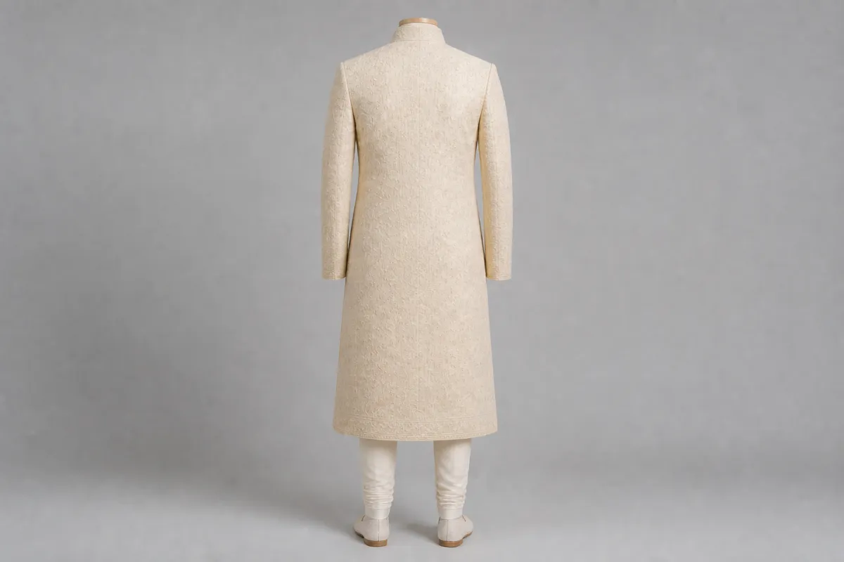 Cream Lucknowi Sherwani – Men's Cream Lucknowi Embroidered Sherwani + Churidar | Custom Tailored
