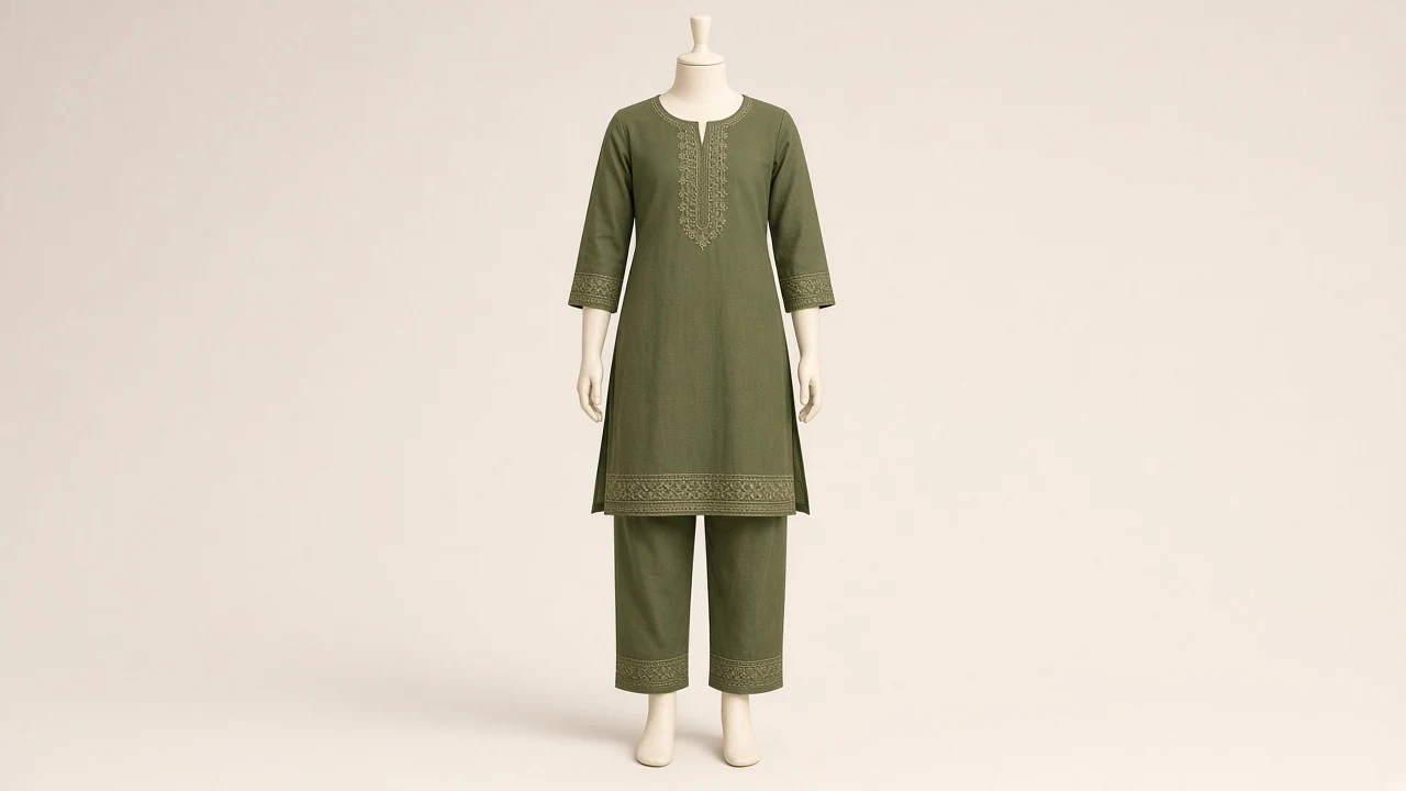 Olive Green Casual Kurti Set – Girls Olive Green Cotton Kurti with Pants | Custom Tailored