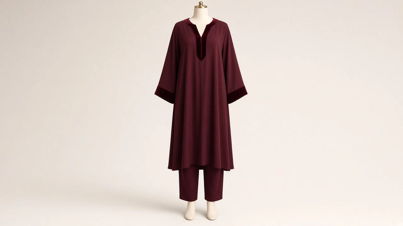 Wine Velvet Border Kaftan Set – Wine Kaftan with Velvet Trim and Matching Trousers | Custom Tailored