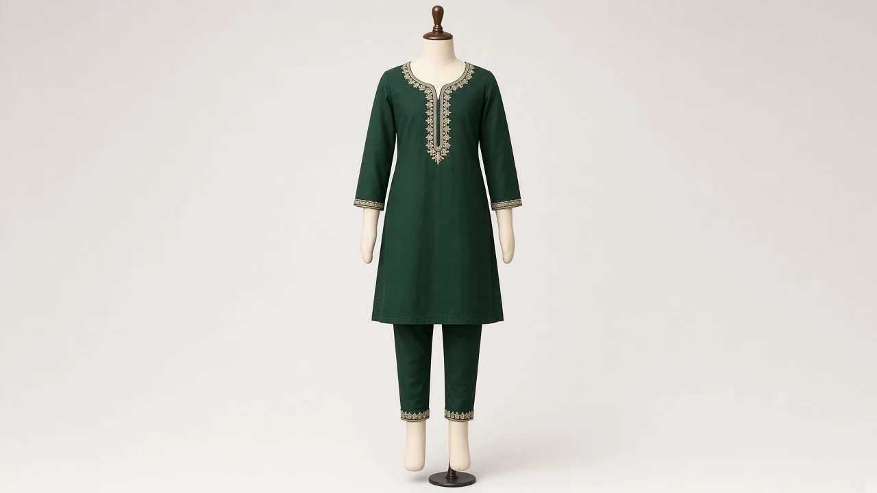 Forest Green Embroidered Kurti Set – Girls Forest Green Embroidered Kurti with Pants | Custom Tailored