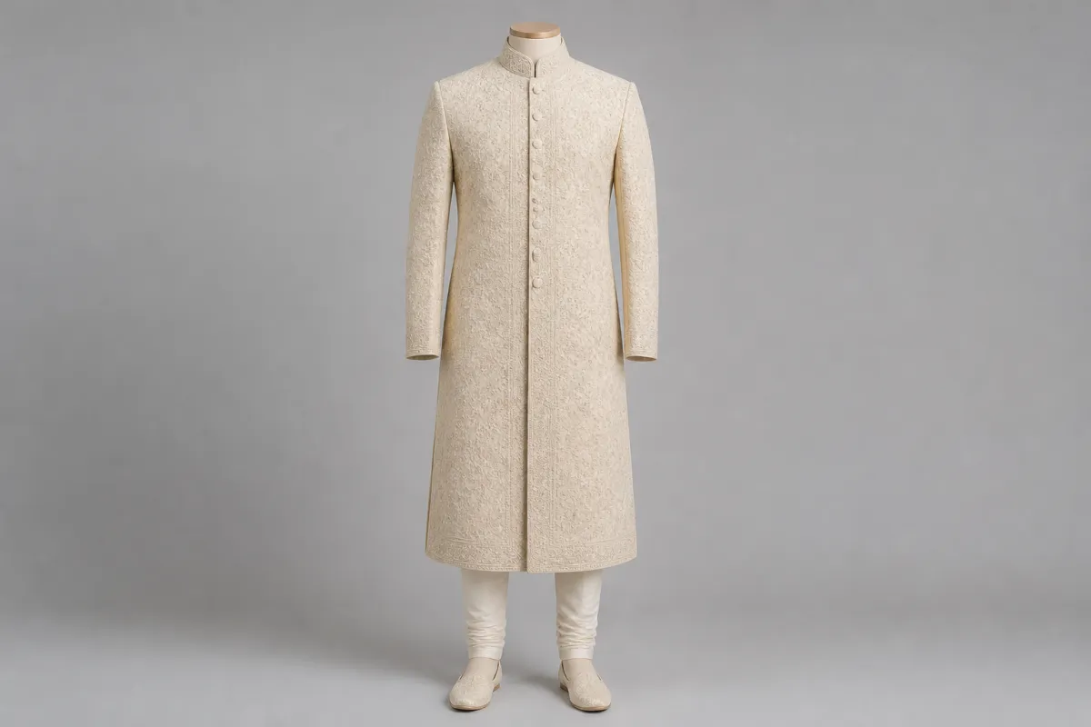 Cream Lucknowi Sherwani – Men's Cream Lucknowi Embroidered Sherwani + Churidar | Custom Tailored