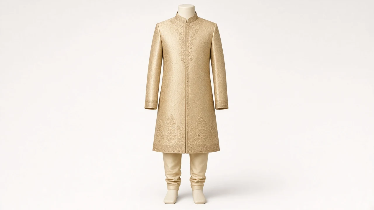 Gold Banarasi Festive Sherwani – Boys' Gold Banarasi Festive Sherwani + Churidar | Custom Tailored Kids