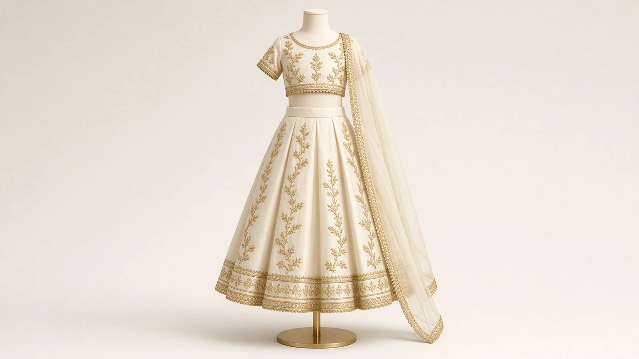 Ivory Gota Patti Eid Lehenga – Girls Cream Ivory Lehenga with Gold Gota | Custom Tailored