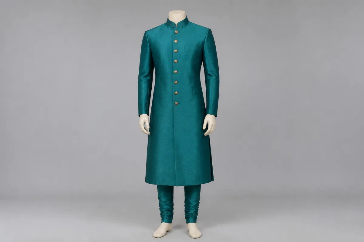 Teal Silk Sherwani – Men's Teal Silk Festive Sherwani + Churidar | Custom Tailored