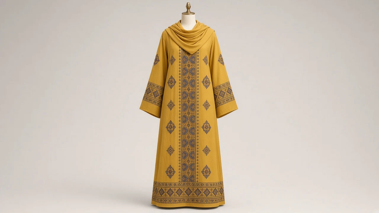 Mustard Yellow Printed Abaya – Mustard Abaya with Subtle Block Print Motifs | Custom Tailored