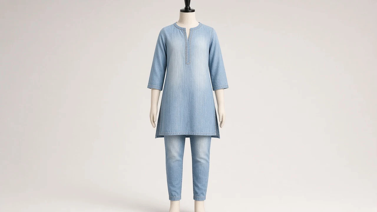 Light Blue Denim Look Kurti Set – Girls Light Blue Soft Denim Kurti with Pants | Custom Tailored