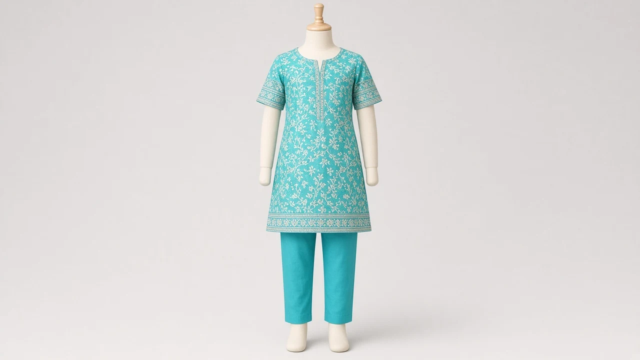 Turquoise Resort Print Kurti Set – Girls Turquoise Printed Kurti with Pants | Custom Tailored