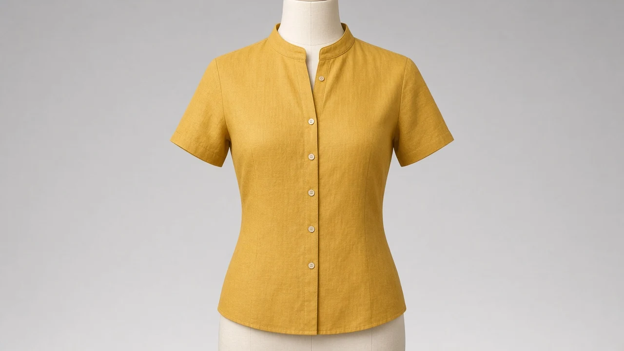 Mustard Linen Mandarin Collar Half Sleeve Shirt - Women's Solid Mustard Linen Shirt | Custom Tailored