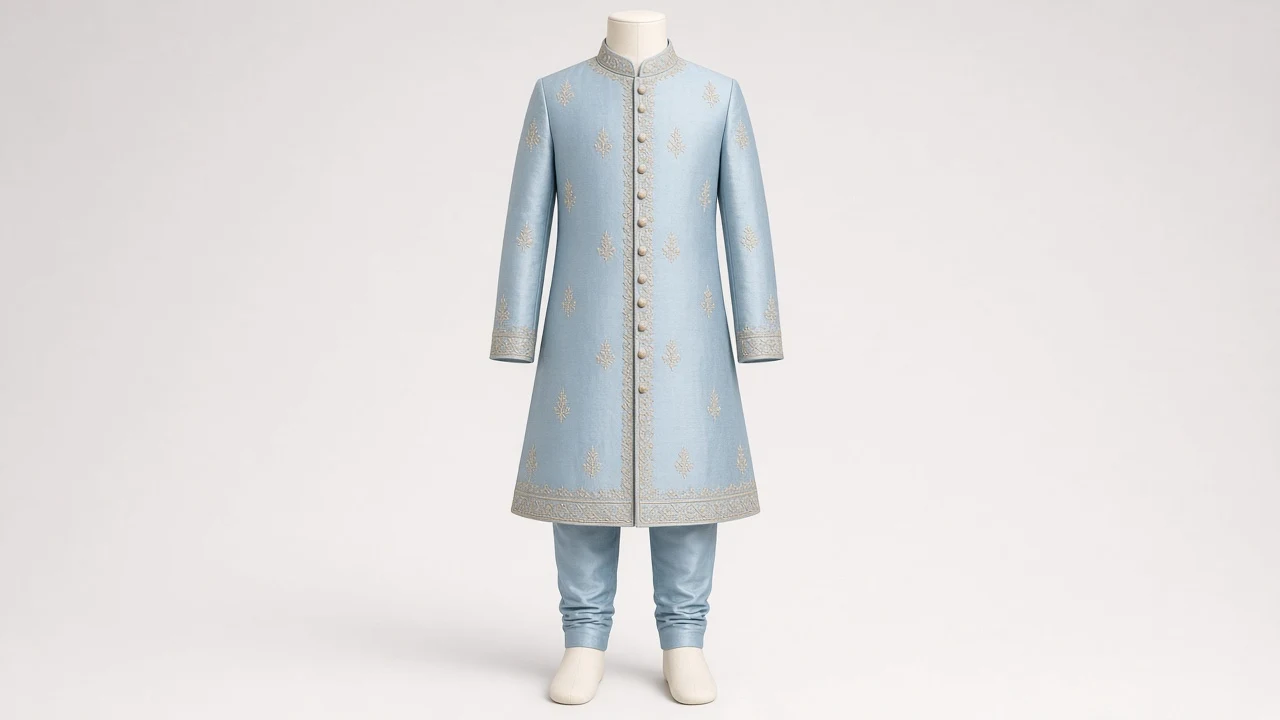 Powder Blue Silk Sherwani – Boys' Powder Blue Silk Festive Sherwani + Churidar | Custom Tailored Kids