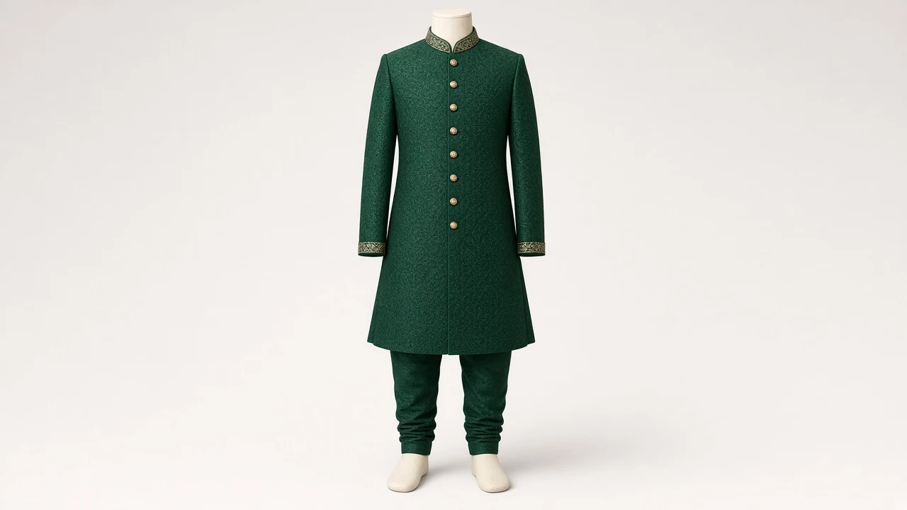 Bottle Green Brocade Sherwani – Boys' Bottle Green Brocade Sherwani + Churidar | Custom Tailored Kids