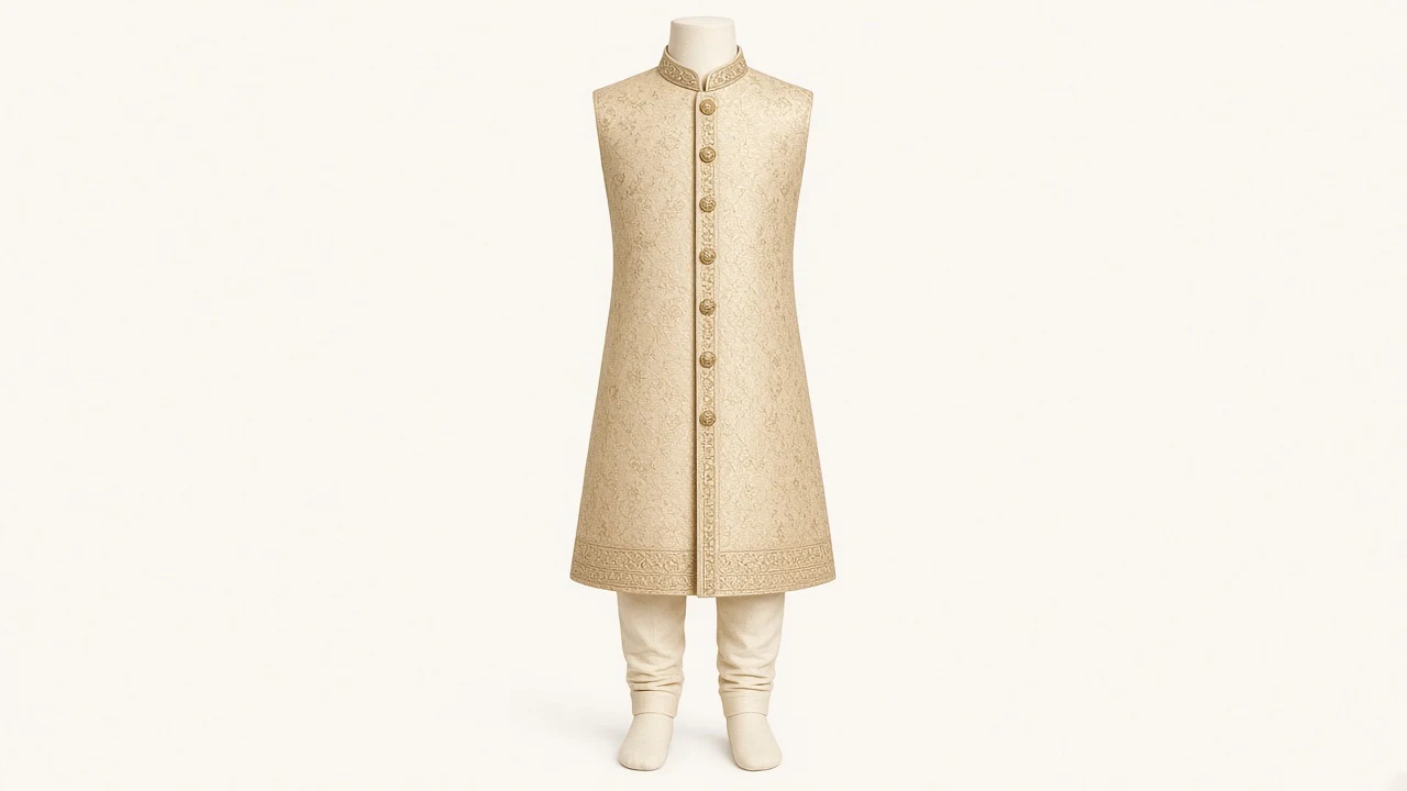 Gold Brocade Wedding Sherwani – Boys' Gold Brocade Wedding Sherwani + Churidar | Custom Tailored Kids