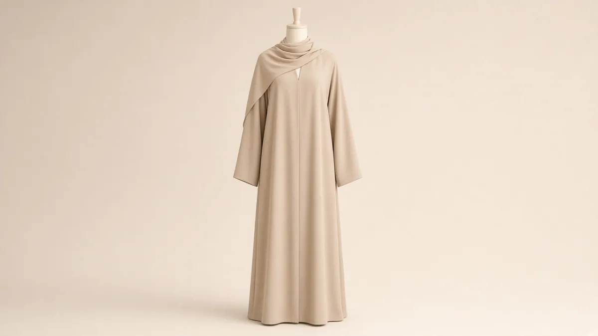 Beige Minimalist Closed Abaya – Soft Beige Closed-Neck Everyday Abaya | Custom Tailored