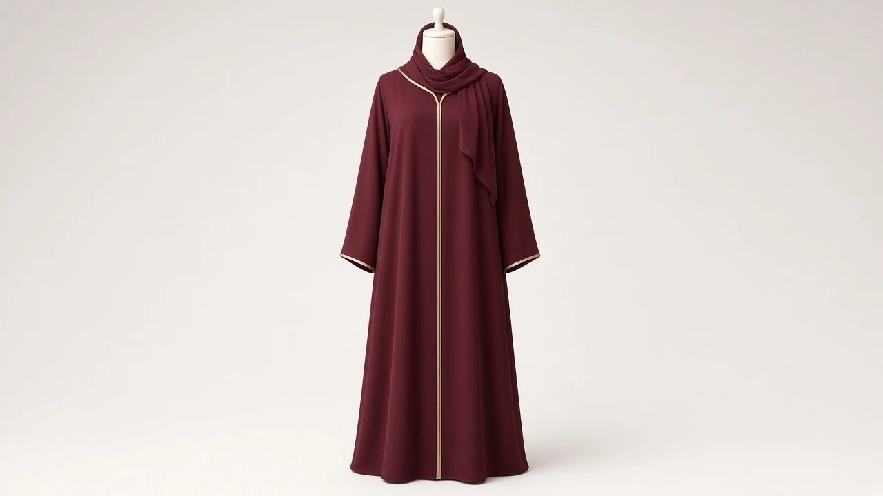 Maroon Closed Abaya – Deep Maroon Closed-Neck Abaya with Gold Piping | Custom Tailored