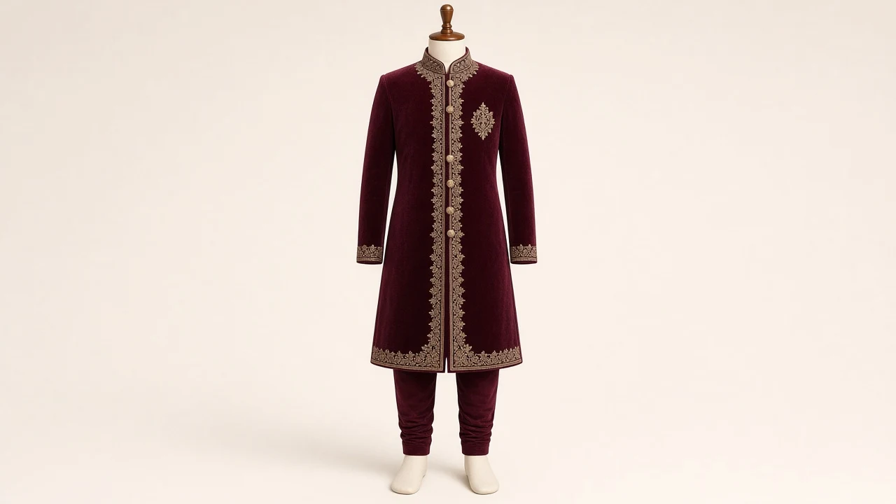 Maroon Velvet Wedding Sherwani – Boys' Maroon Velvet Wedding Sherwani + Churidar | Custom Tailored Kids