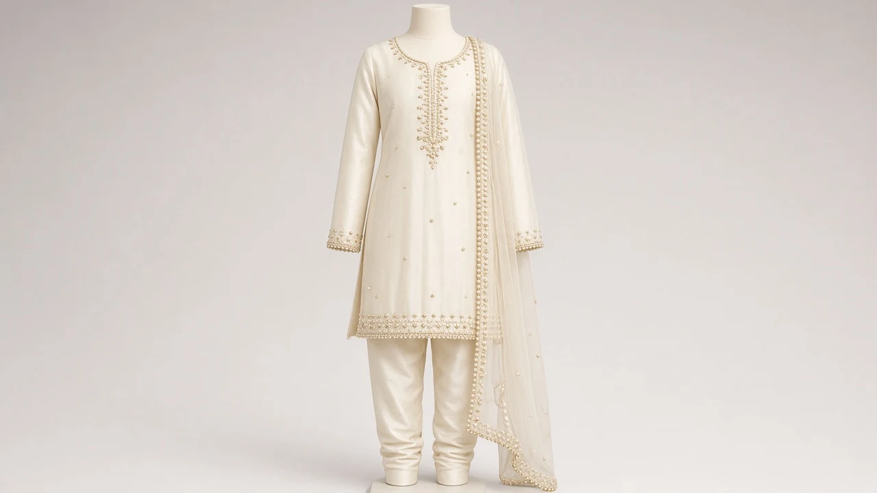 Cream Pearl Moti Salwar Kameez – Girls Ivory Silk with Pearl and Bead Work | Custom Tailored Kids