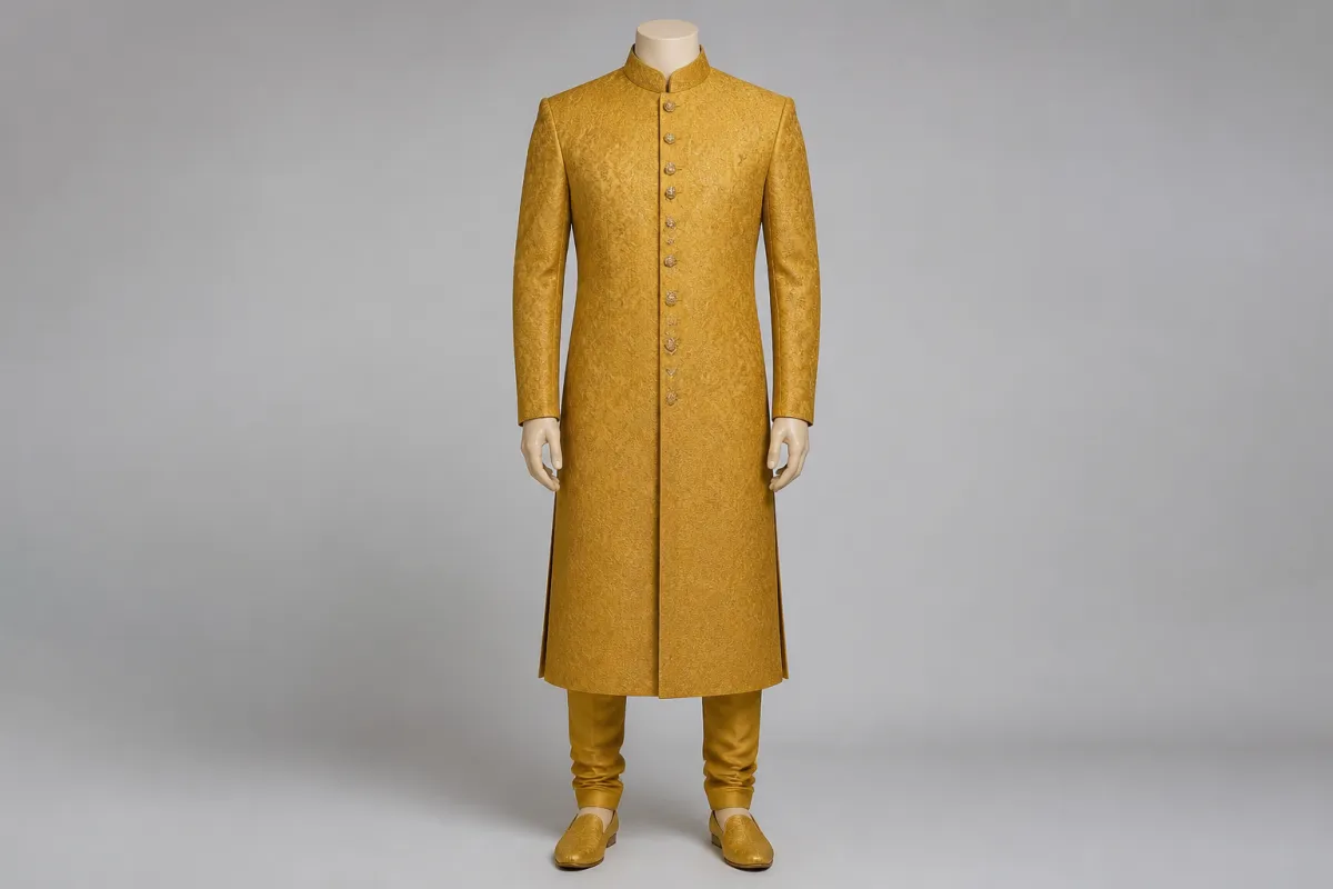 Mustard Brocade Sherwani – Men's Mustard Brocade Festive Sherwani + Churidar | Custom Tailored