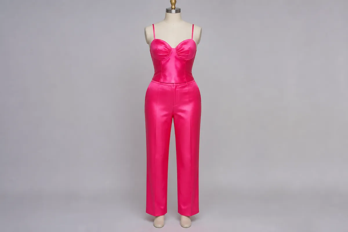 Hot Pink Satin Co-ord Set – Hot Pink Satin Cami with Straight Pants | Custom Tailored