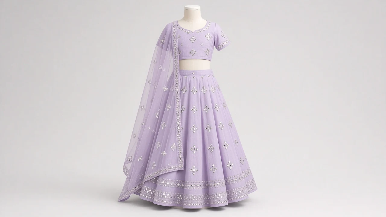 Lavender Mirror Work Lehenga – Girls Lavender Lehenga with Light Mirror Embroidery | Custom Tailored