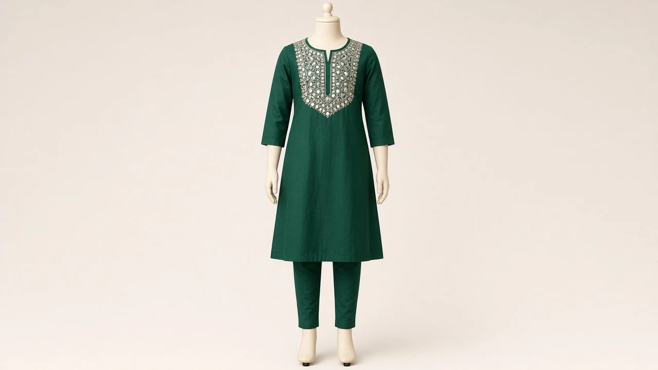 Green Mirror Work Kurti Set – Girls Green Mirror-Work Kurti with Pants | Custom Tailored