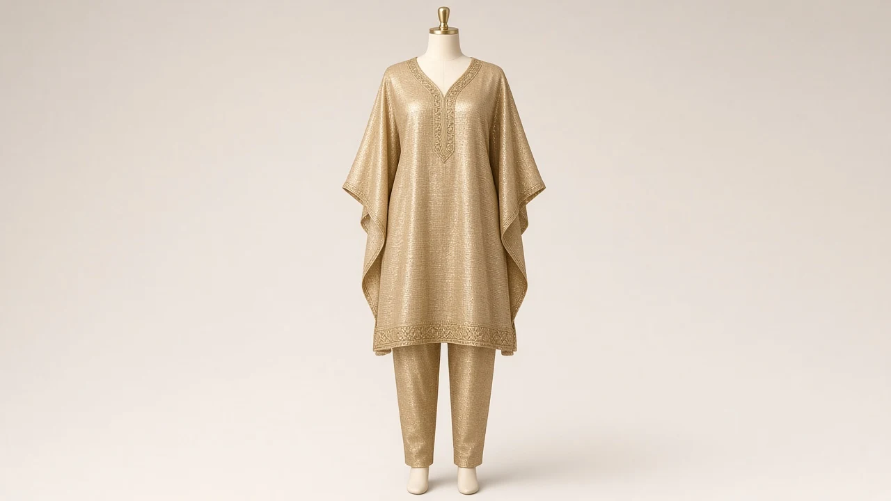 Gold Metallic Shimmer Kaftan Set – Gold Lurex Shimmer Kaftan with Gold Trousers | Custom Tailored
