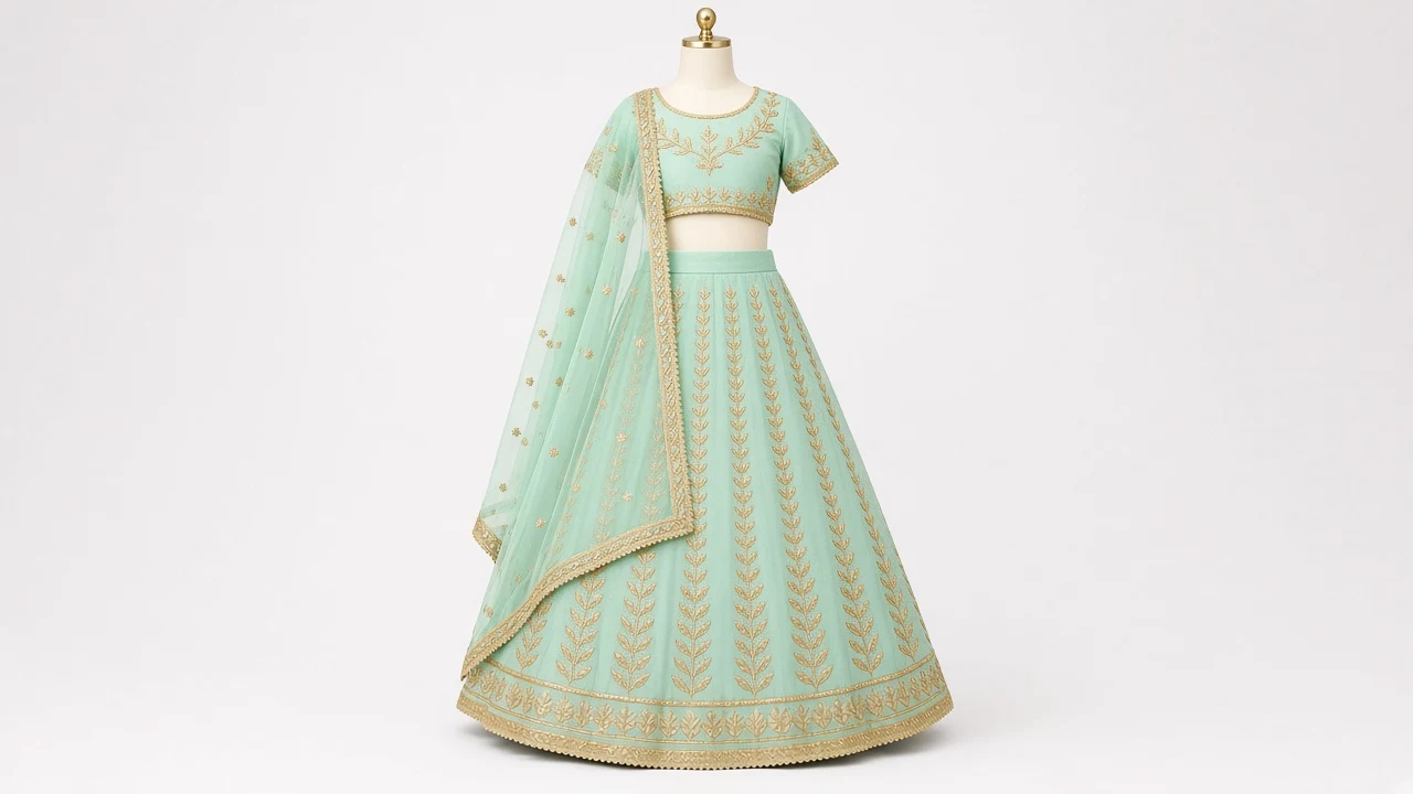 Mint Green Gota Festive Lehenga – Girls Mint Green Silk Lehenga with Gold Gota Work | Custom Tailored