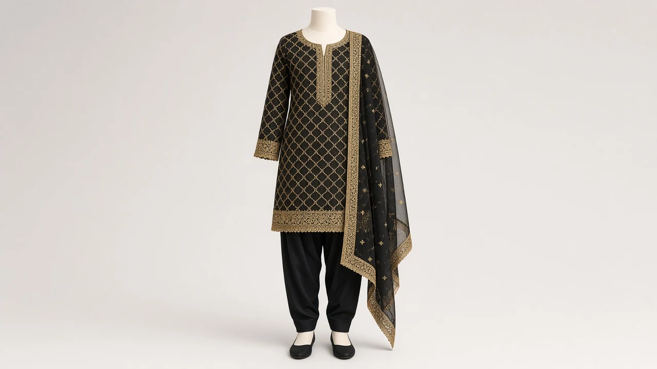 Black Gold Jaal Salwar Kameez – Girls Black Georgette with Gold Woven Jaal | Custom Tailored Kids
