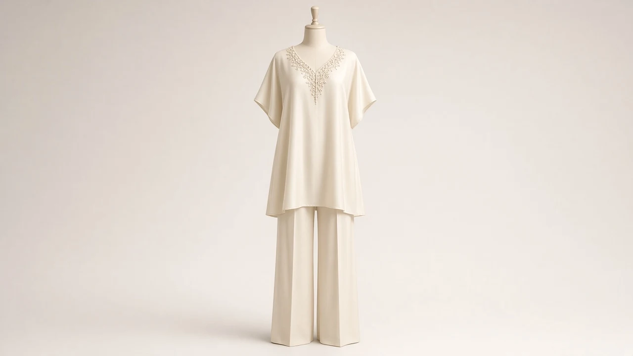 Ivory Pearl Embroidered Kaftan Set – Ivory Silk Kaftan with Pearl Work and Cream Trousers | Custom Tailored