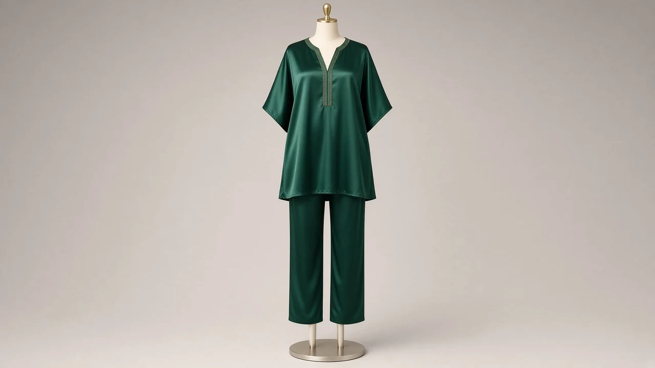 Bottle Green Satin Kaftan Set – Bottle Green Glossy Satin Kaftan with Matching Trousers | Custom Tailored