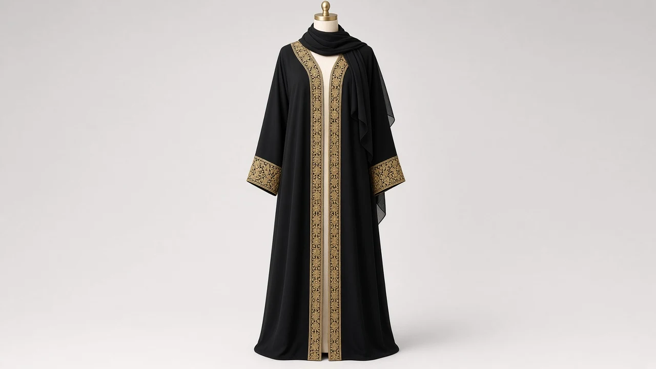 Black Gold Threadwork Abaya – Black Nida Abaya with Intricate Gold Zari Threadwork | Custom Tailored