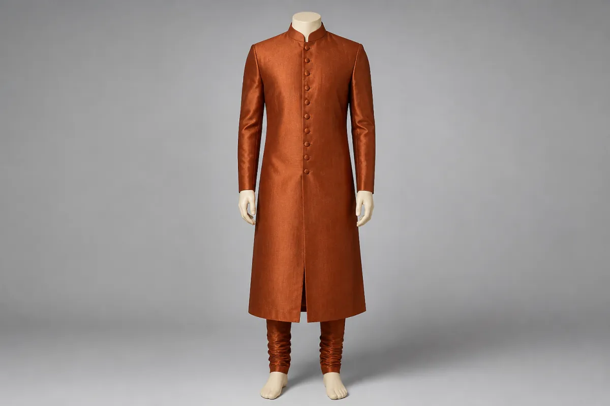 Rust Silk Sherwani – Men's Rust Silk Festive Sherwani + Churidar | Custom Tailored