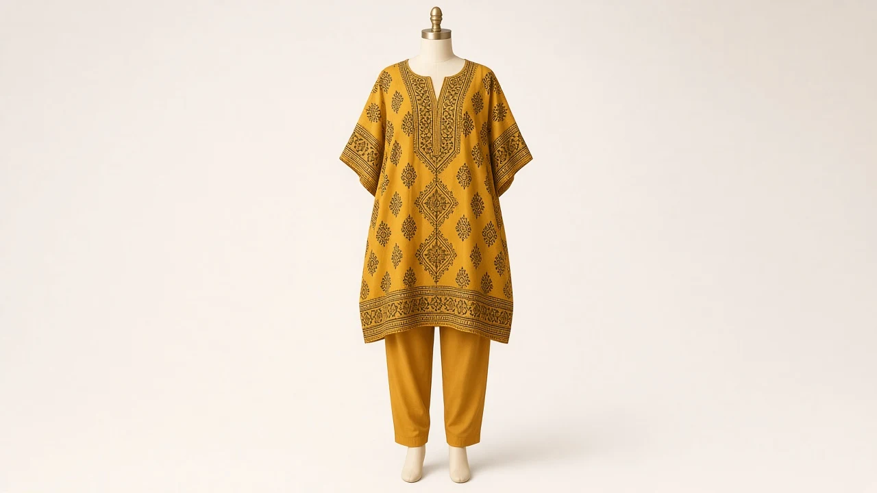 Mustard Yellow Block Print Kaftan Set – Mustard Ajrakh Print Kaftan with Plain Mustard Trousers | Custom Tailored