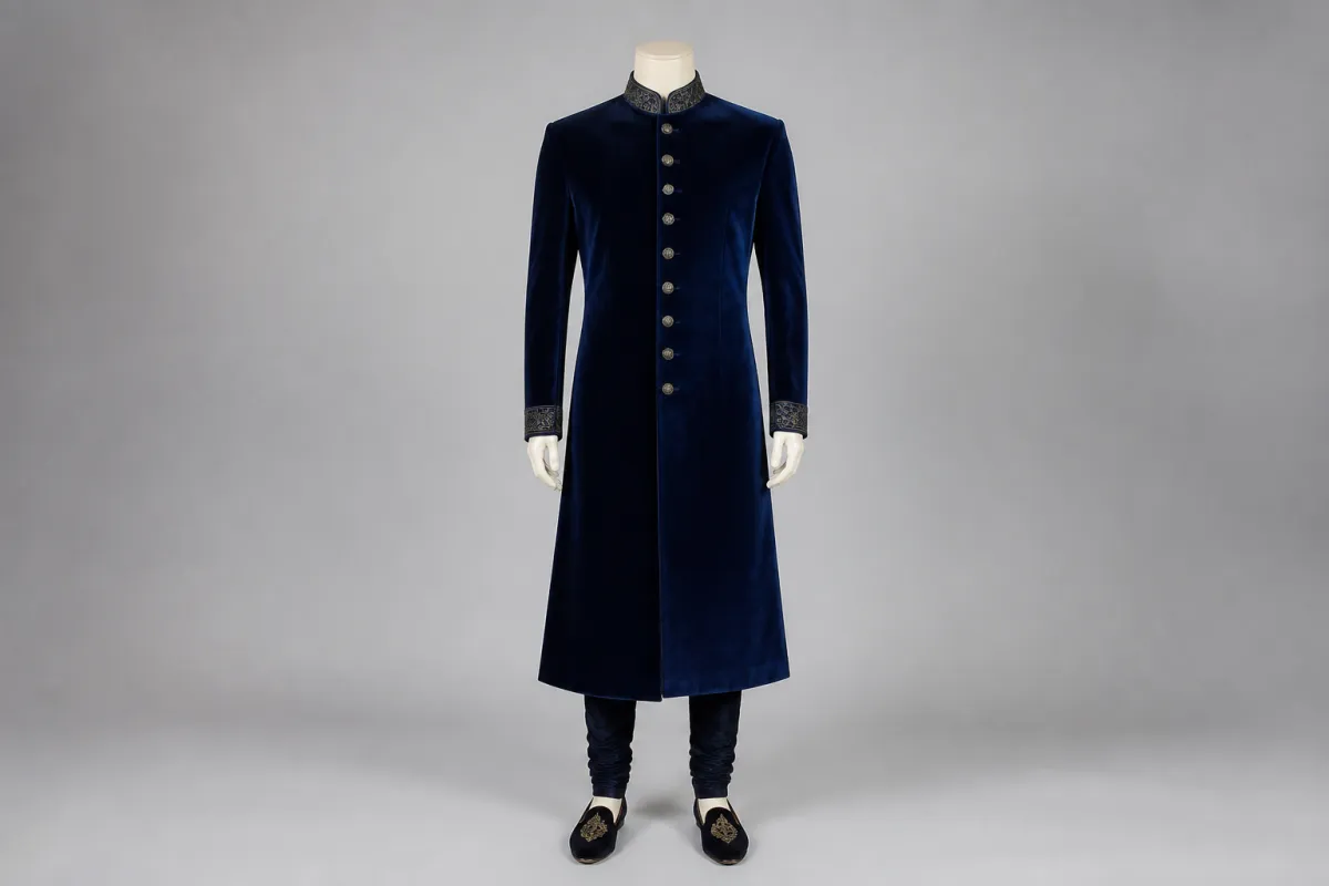 Navy Velvet Sherwani – Men's Navy Velvet Festive Sherwani + Churidar | Custom Tailored