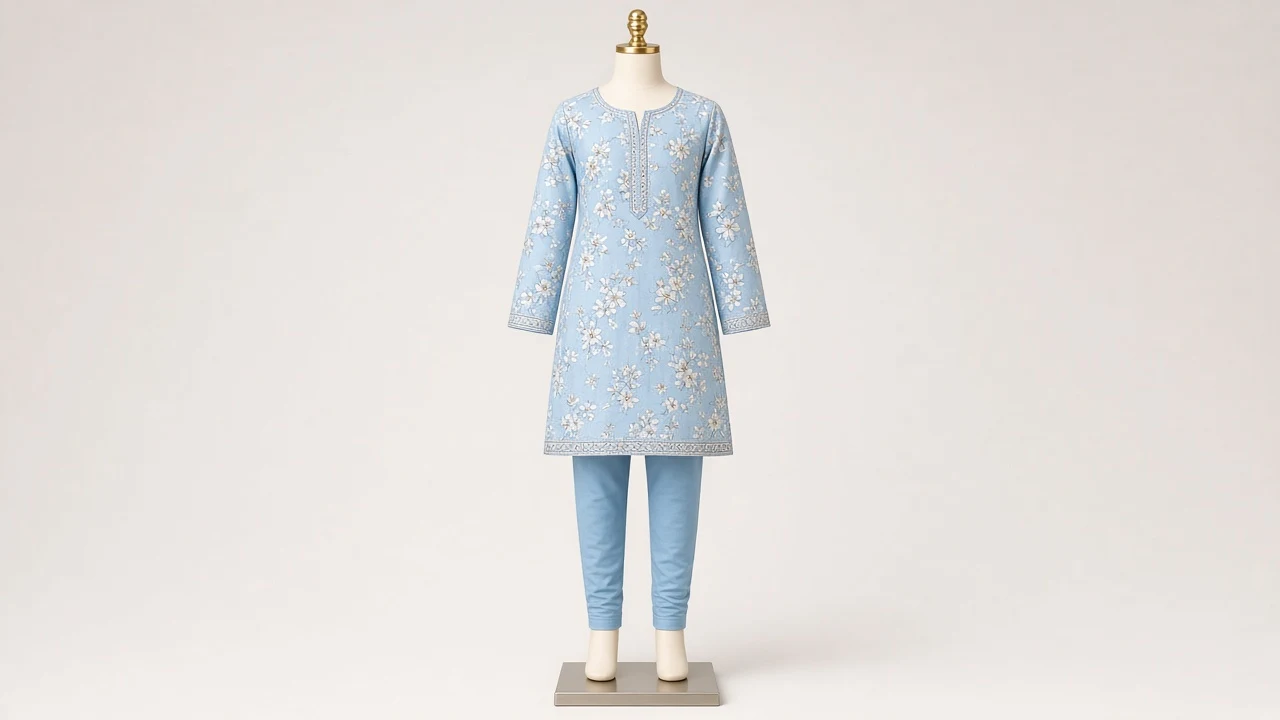 Sky Blue Printed Kurti Set – Girls Sky Blue Floral Print Kurti with Pants | Custom Tailored