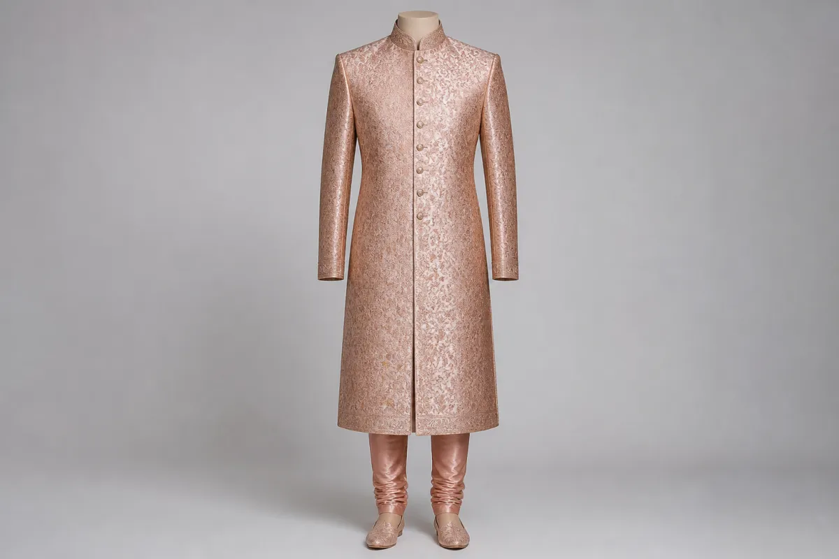 Rose Gold Jacquard Sherwani – Men's Rose Gold Jacquard Wedding Sherwani + Churidar | Custom Tailored