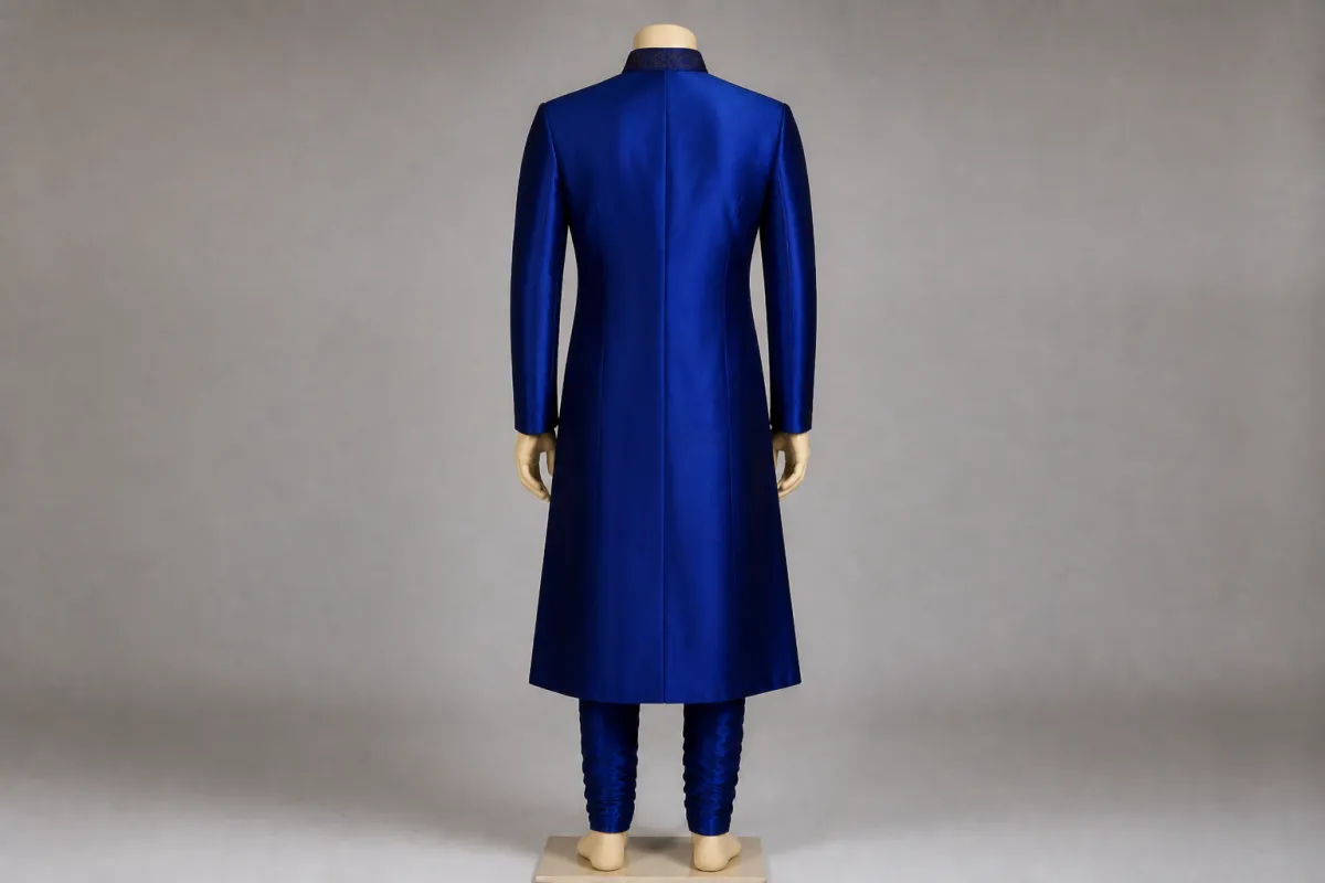 Royal Blue Silk Sherwani – Men's Royal Blue Silk Festive Sherwani + Churidar | Custom Tailored