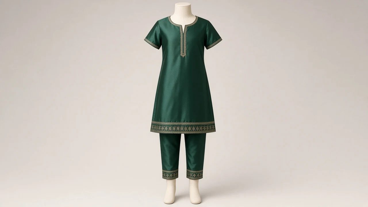 Bottle Green Satin Kurti Set – Girls Bottle Green Satin Kurti with Pants | Custom Tailored