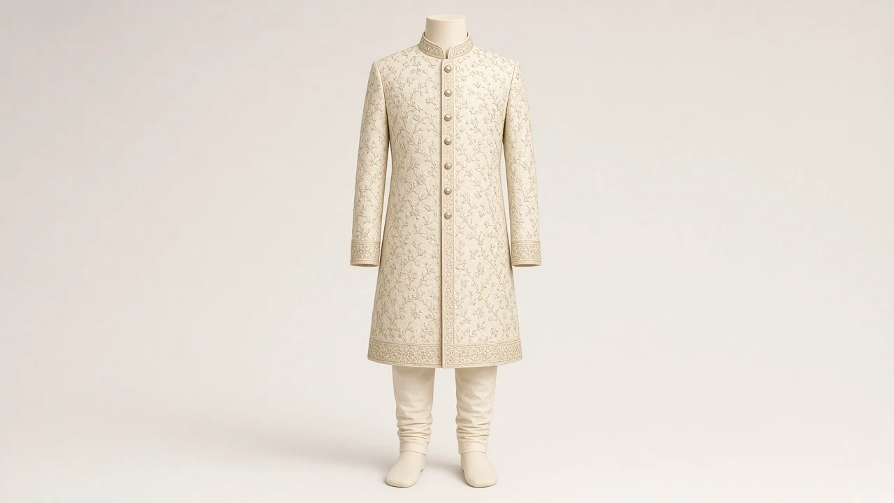 Ivory Zari Wedding Guest Sherwani – Boys' Ivory Zari Work Wedding Guest Sherwani + Churidar | Custom Tailored Kids