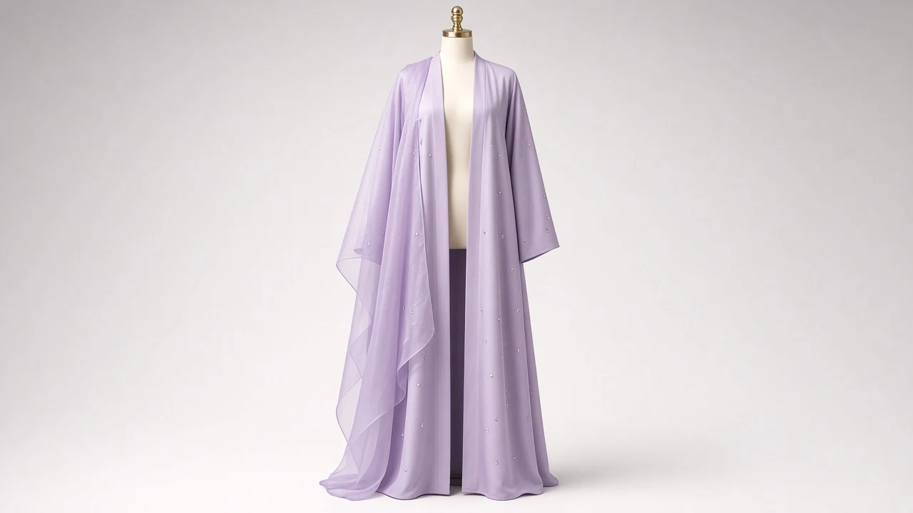 Lavender Lilac Occasion Abaya – Soft Lilac Satin Abaya with Stone Detailing | Custom Tailored