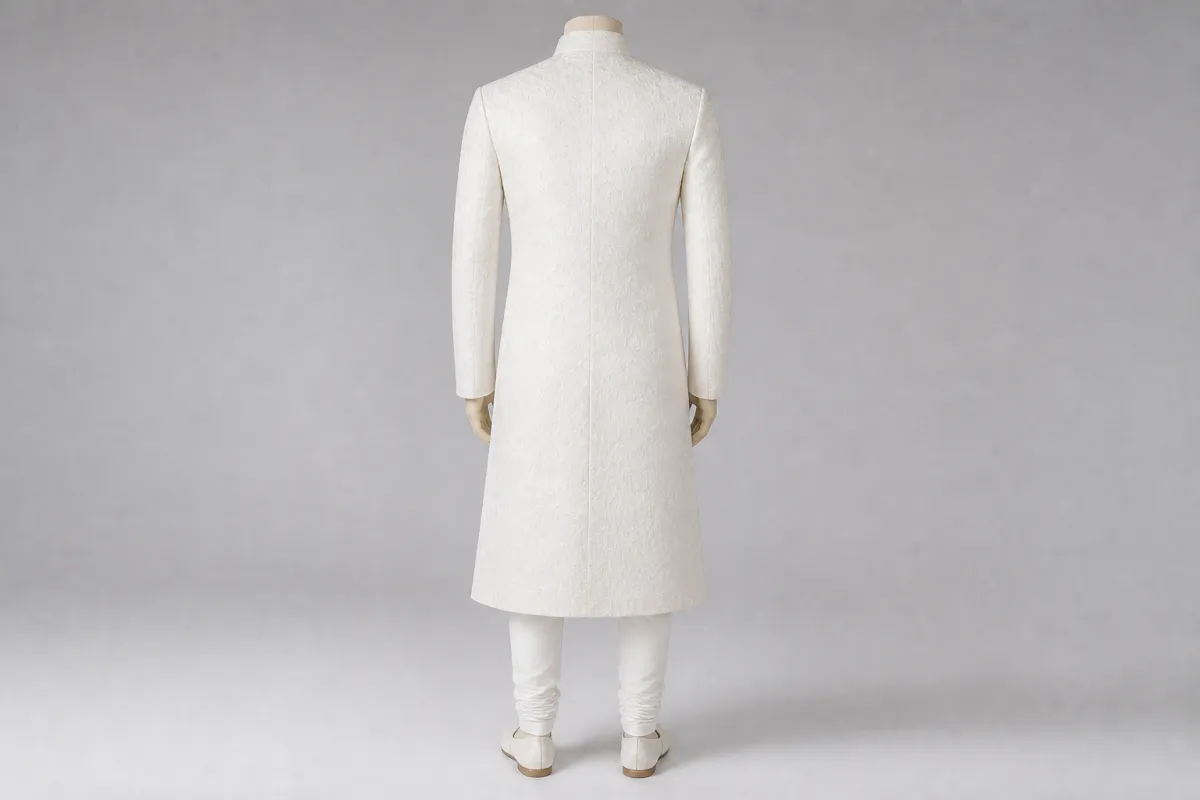 White Brocade Sherwani – Men's White Brocade Festive Sherwani + Churidar | Custom Tailored