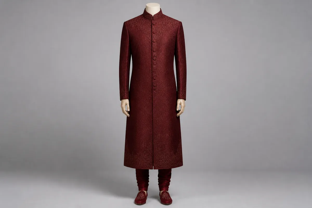 Maroon Silk Sherwani – Men's Maroon Silk Wedding Sherwani + Churidar | Custom Tailored