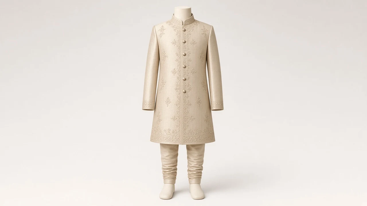 Beige Silk Party Sherwani – Boys' Beige Silk Festive Sherwani + Churidar | Custom Tailored Kids