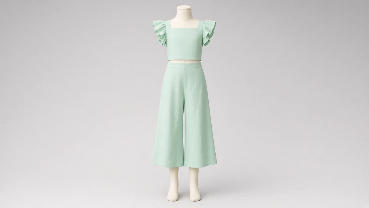 Mint Green Ruffle Top Culotte Co-ord - Girls Flutter Sleeve Top with Cropped Culottes | Custom Tailored