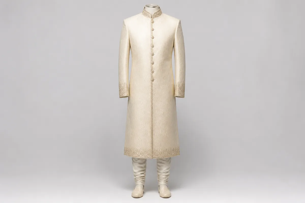 Cream Silk Sherwani – Men's Cream Silk Festive Sherwani + Churidar | Custom Tailored