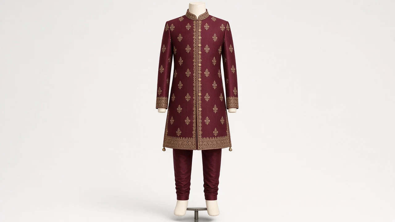 Maroon Zari Wedding Guest Sherwani – Boys' Maroon Zari Wedding Guest Sherwani + Churidar | Custom Tailored Kids