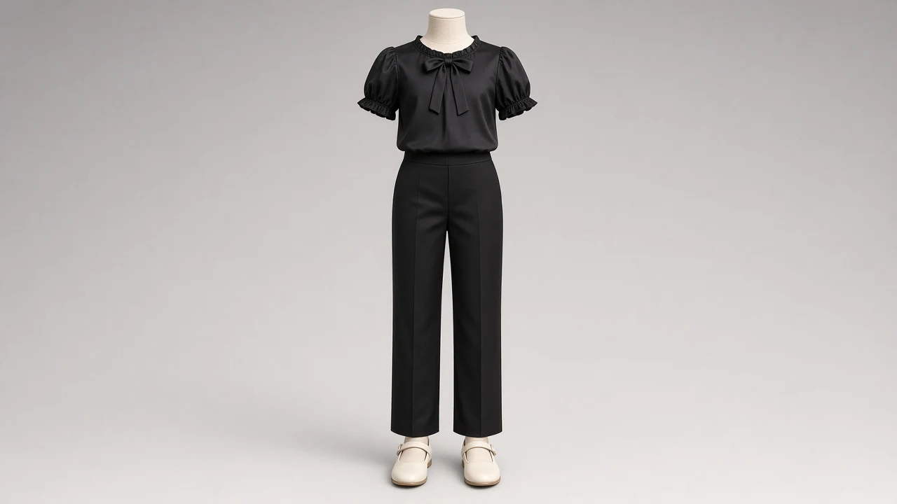 Black Satin Bow Blouse Trouser Co-ord - Girls Bow Blouse with Trousers | Custom Tailored